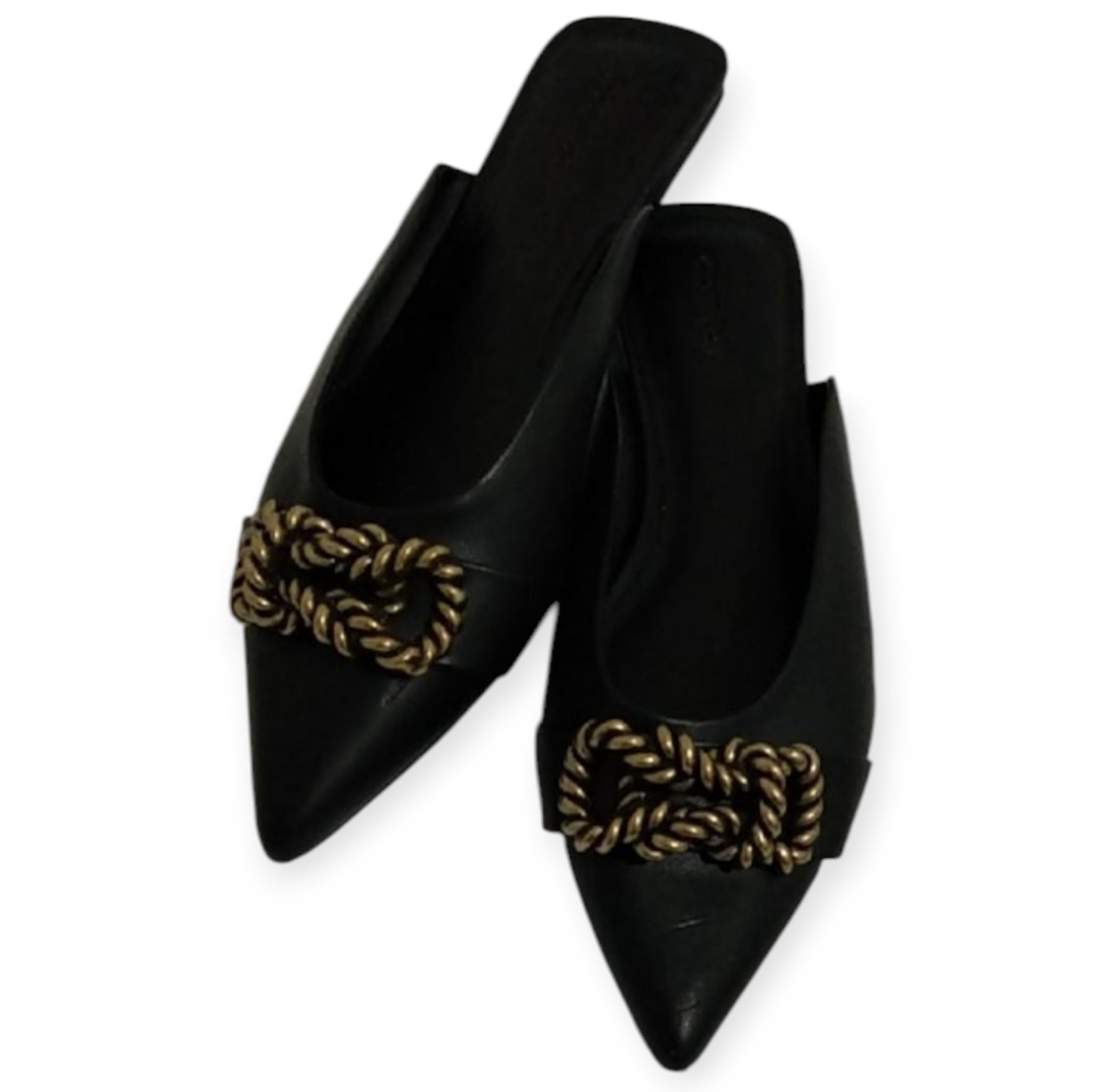 Elegant Black Mules with Gold Chain Accent